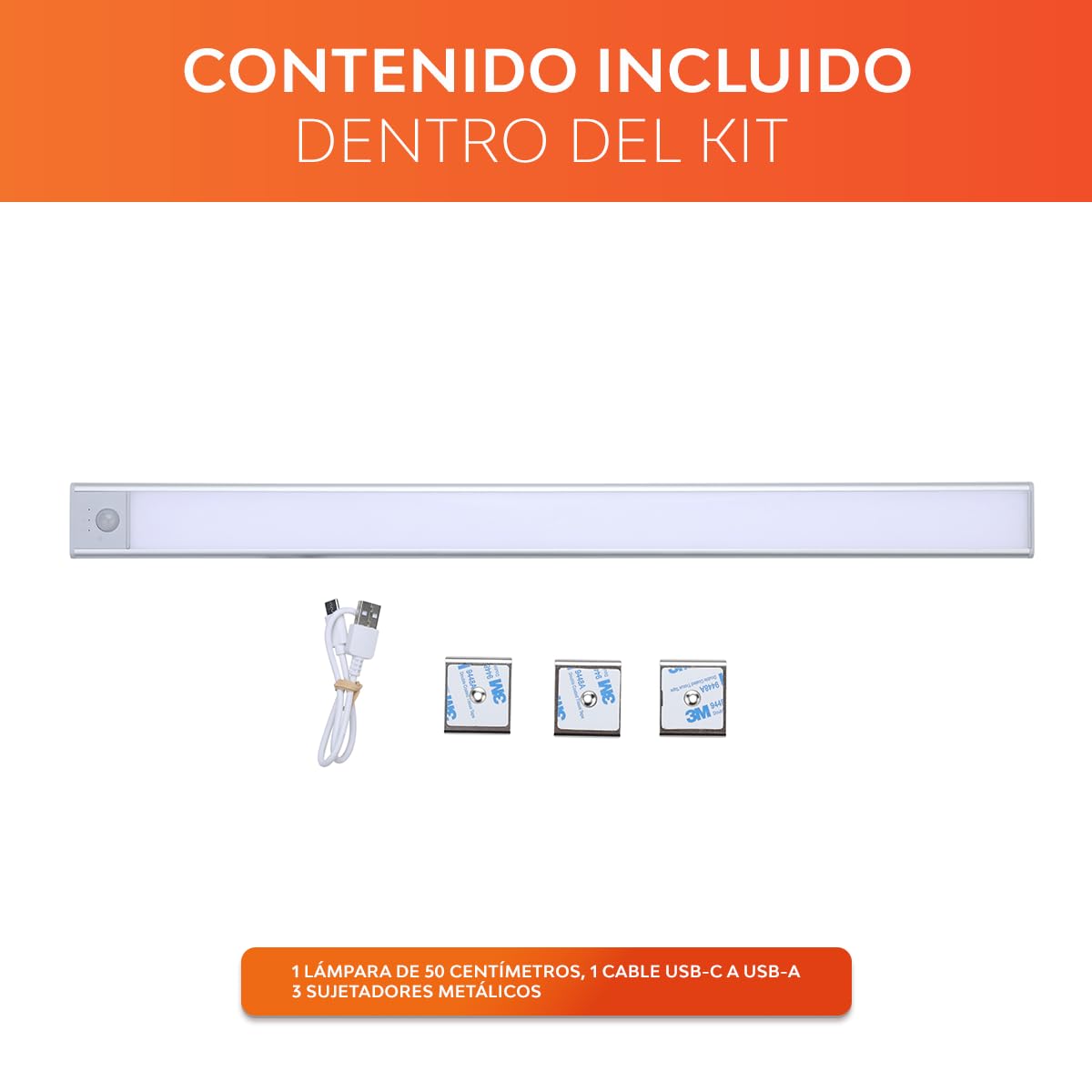 Tecnolite - Lámpara Regleta LED 2.5 W Magnética Recargable 50 cm, Luz Blanca Ajustable, Sensor de Movimiento, Atenuable