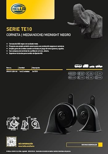 HELLA MIDNIGHT 410/Claxon/Bocina de caracol 490 Hz (011225161) Para Auto/Vehiculo/Automóvil/Carro, SUV/Camioneta, Motocicleta, Camión, Universal.