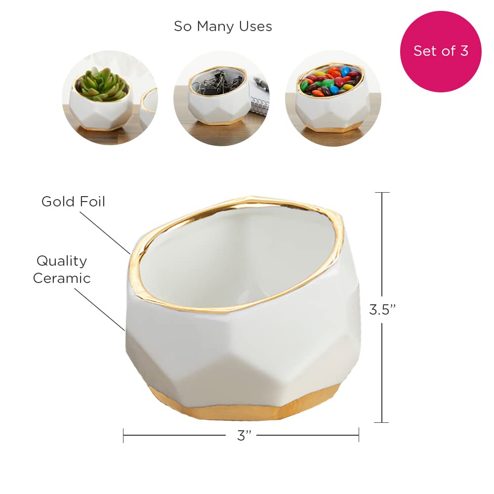 Kate Aspen 23262NA Macetas geométricas de cerámica Mini Cuencos Decorativos, hogar, habitación, Escritorio, decoración de Mesa, Talla única, Blanco, pequeño (Juego de 3)