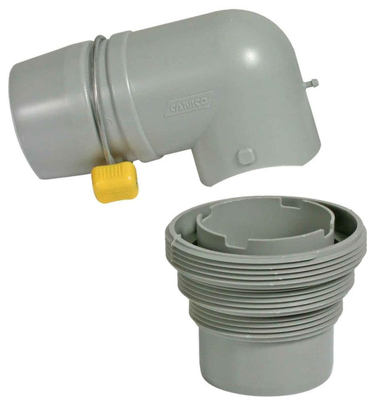 Camco Codo fácil de deslizar RV y adaptador 4-1. Cuenta con un diámetro interior más grande para un vertido más rápido y adaptador que se adapta a tubos roscados de 3 pulgadas o 3 pulgadas, 3.5 pulgadas y 4 pulgadas (39144)