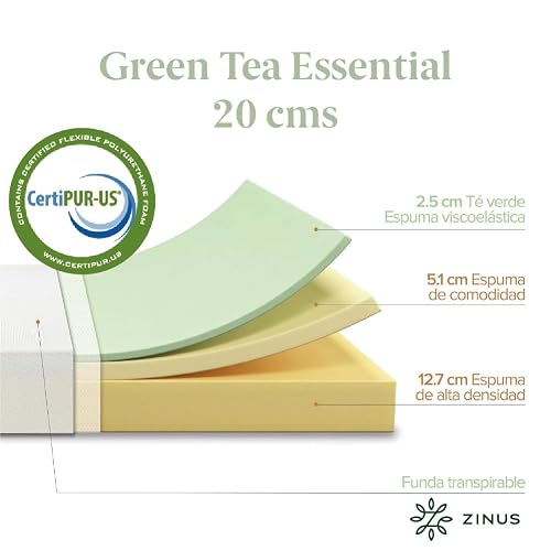Zinus Green Tea Essential | Colchón Queen Firme de Memory Foam con Esencia de Té Verde Que Libera Puntos de presión y Ayuda a conciliar el sueño