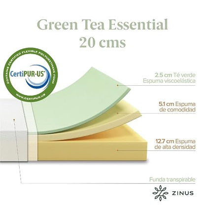 Zinus Green Tea Essential | Colchón Queen Firme de Memory Foam con Esencia de Té Verde Que Libera Puntos de presión y Ayuda a conciliar el sueño