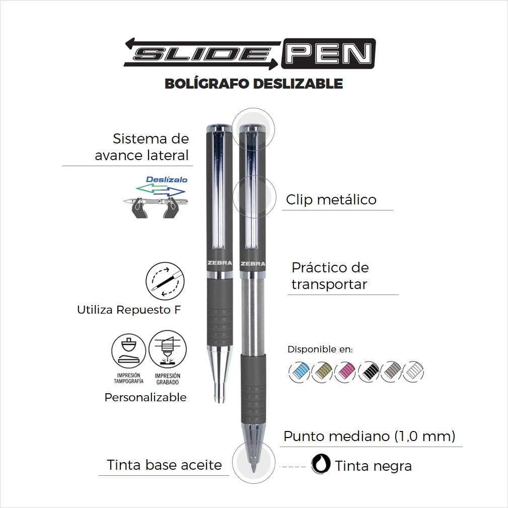Zebra Mexico Bolígrafo Con Estuche, Pluma Slide Pen Punto Mediano 1,0 mm Tinta De Aceite Color Negro Cuerpo Color Blanco.