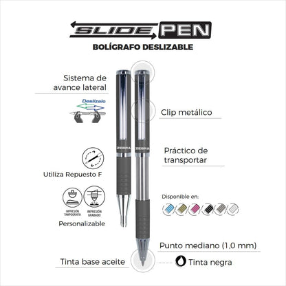 Zebra Mexico Bolígrafo Con Estuche, Pluma Slide Pen Punto Mediano 1,0 mm Tinta De Aceite Color Negro Cuerpo Color Blanco.