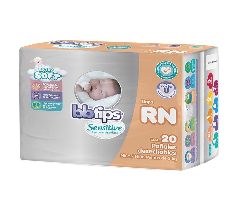 BBtips Sensitive, Recien Nacido, 160 Pañales (8 paquetes con 20 pañales)
