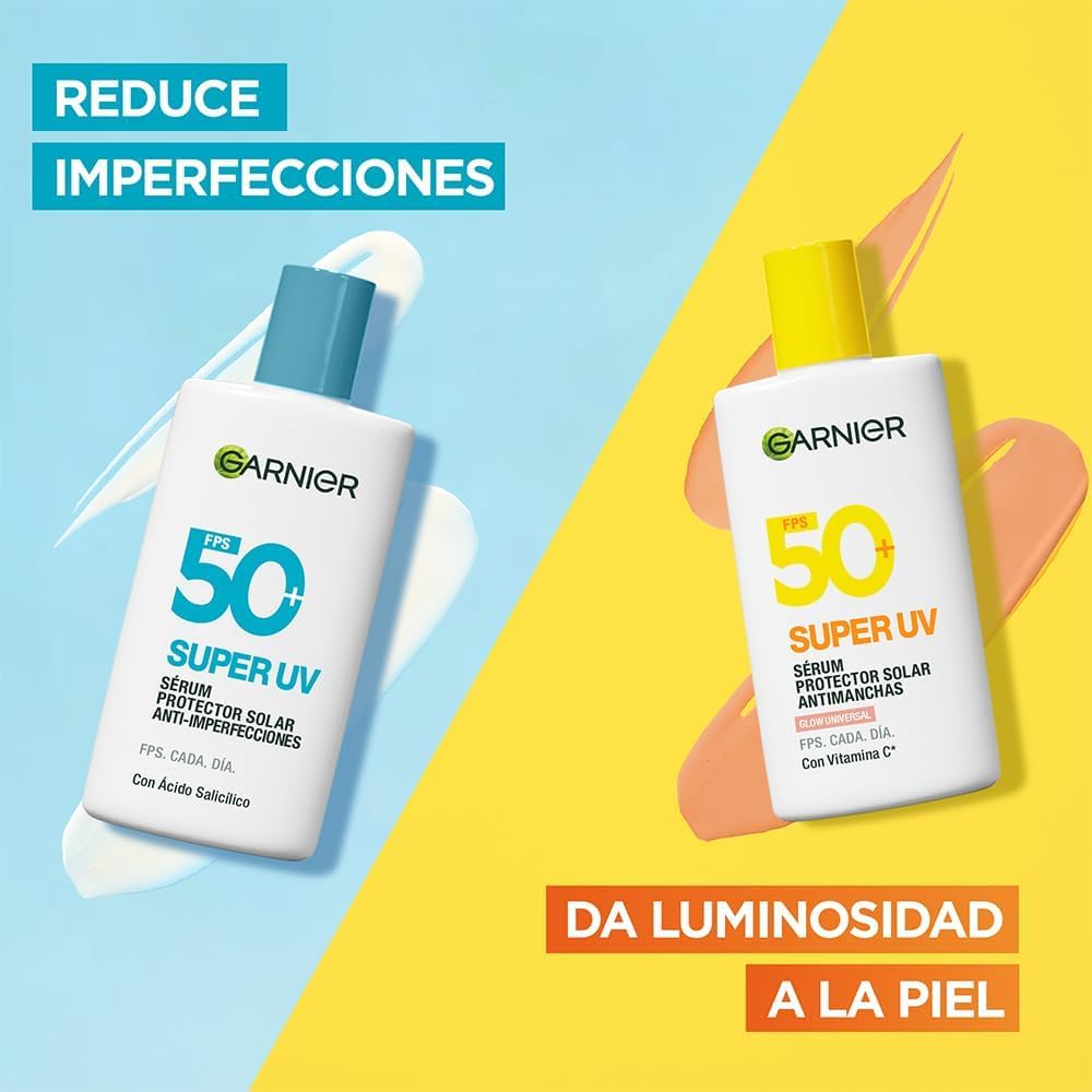 Garnier Super UV Protector Solar Facial Fluido Acabado Luminoso con Textura Invisible y Ligera, 40ml
