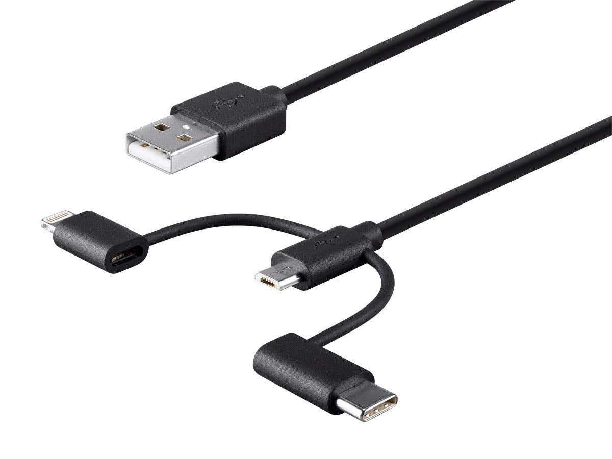 Mono Apple MFi Certified USB to Micro USB + USB Type-C + Lightning Charge And Sync Cable - 3 Feet - Black