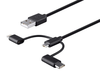Mono Apple MFi Certified USB to Micro USB + USB Type-C + Lightning Charge And Sync Cable - 3 Feet - Black