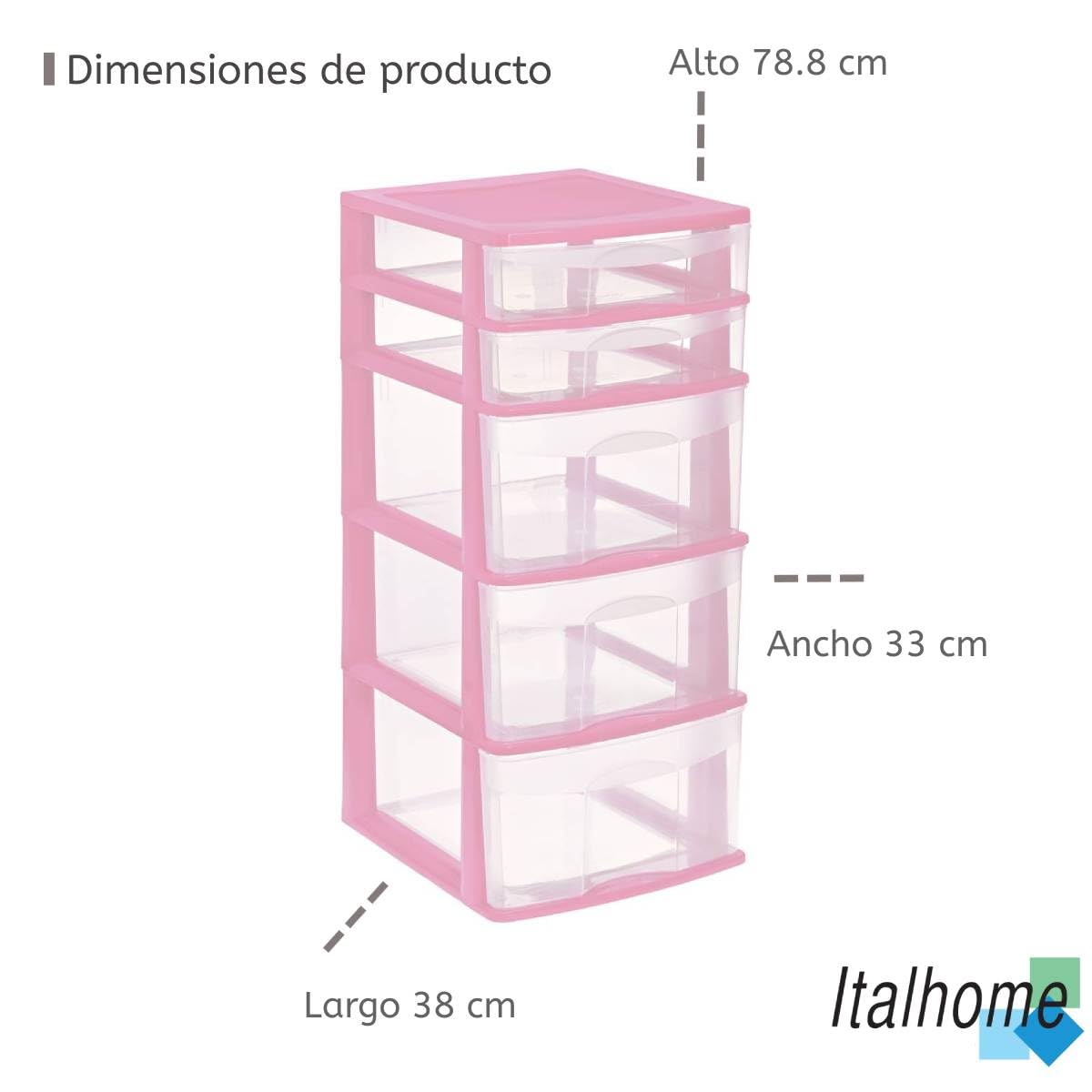 Italhome Cajonera FOX 5 de Plástico 5 Cajones Transparentes, Organizador Multiusos para Hogar y Oficina, Mueble Resistente Fácil Armado, Color Rosa