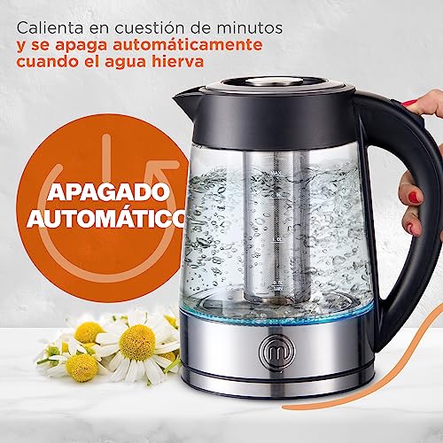 Hukën x Masterchef | Tetera eléctrica Fuse+ | Hervidor eléctrico | Tetera de vidrio | Infusor Removible | Tetera de acero inoxidable Base Giratoria | 1.7 litros