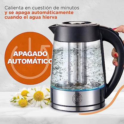 Hukën x Masterchef | Tetera eléctrica Fuse+ | Hervidor eléctrico | Tetera de vidrio | Infusor Removible | Tetera de acero inoxidable Base Giratoria | 1.7 litros