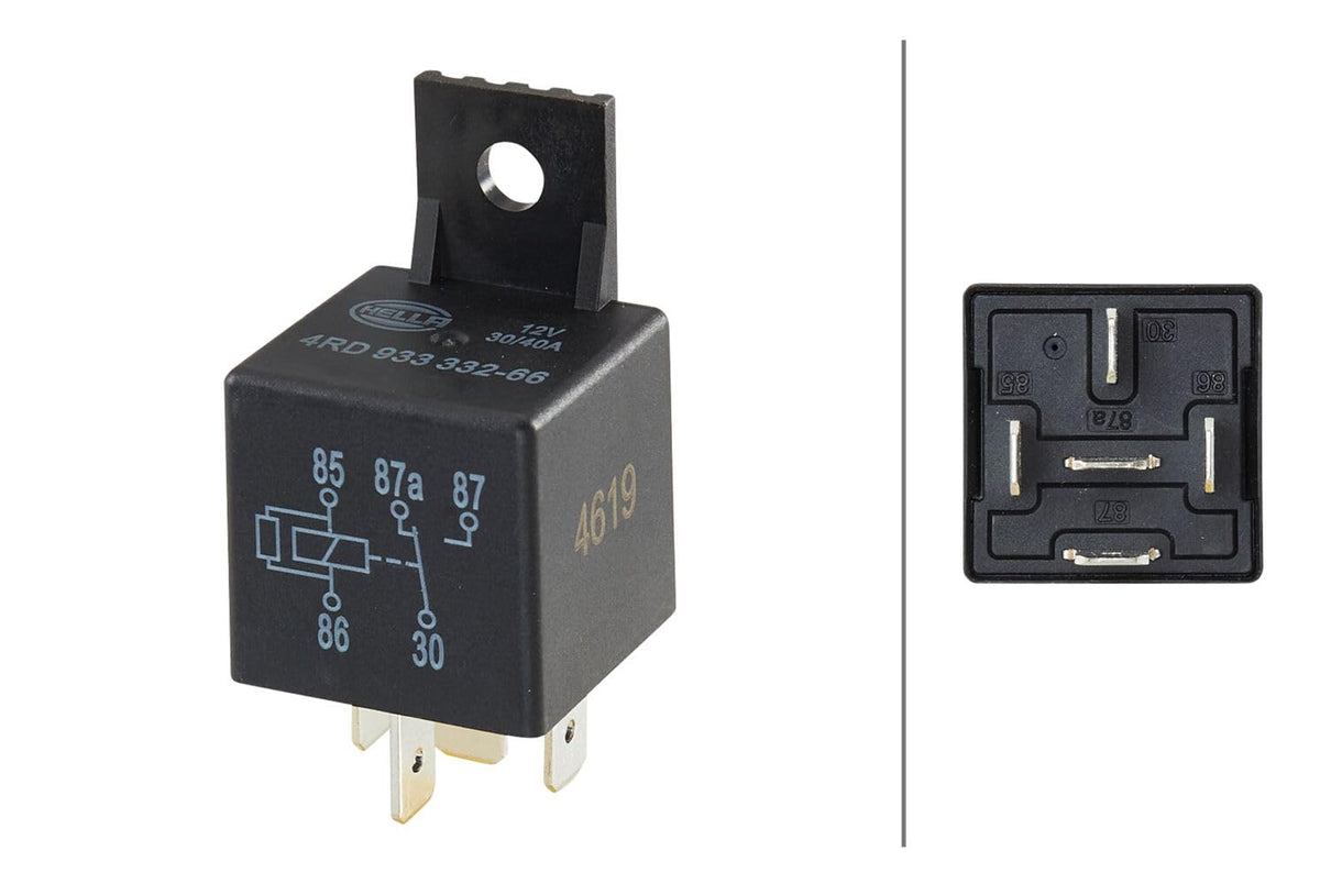 Hella Relé de Corriente de Trabajo 933332661, 12 V, 5 Polos, Negro, Con Soporte