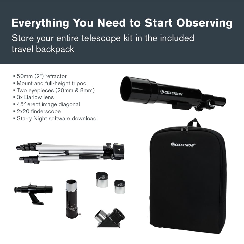 Celestron - 50mm Travel Scope - Portable Refractor Telescope - Fully-Coated Glass Optics - Ideal Telescope for Beginners - Bonus Astronomy Software Package