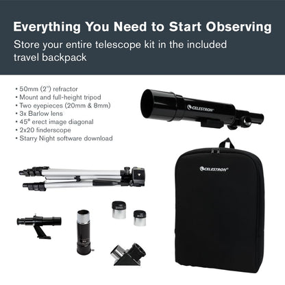 Celestron - 50mm Travel Scope - Portable Refractor Telescope - Fully-Coated Glass Optics - Ideal Telescope for Beginners - Bonus Astronomy Software Package