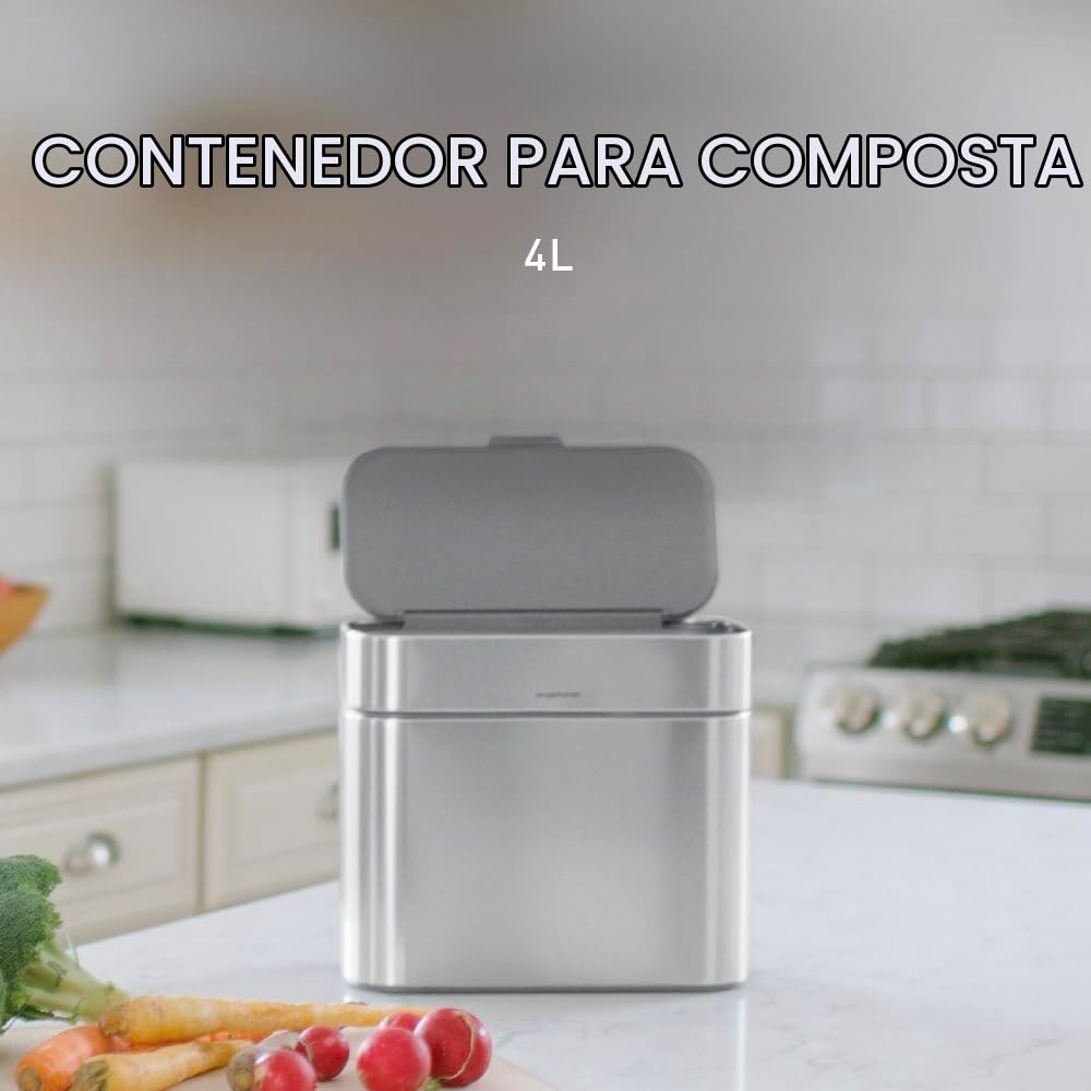Organizador para abono simplehuman de 4 litros con contenedor Desmontable y para encimera, de Acero Inoxidable Cepillado.