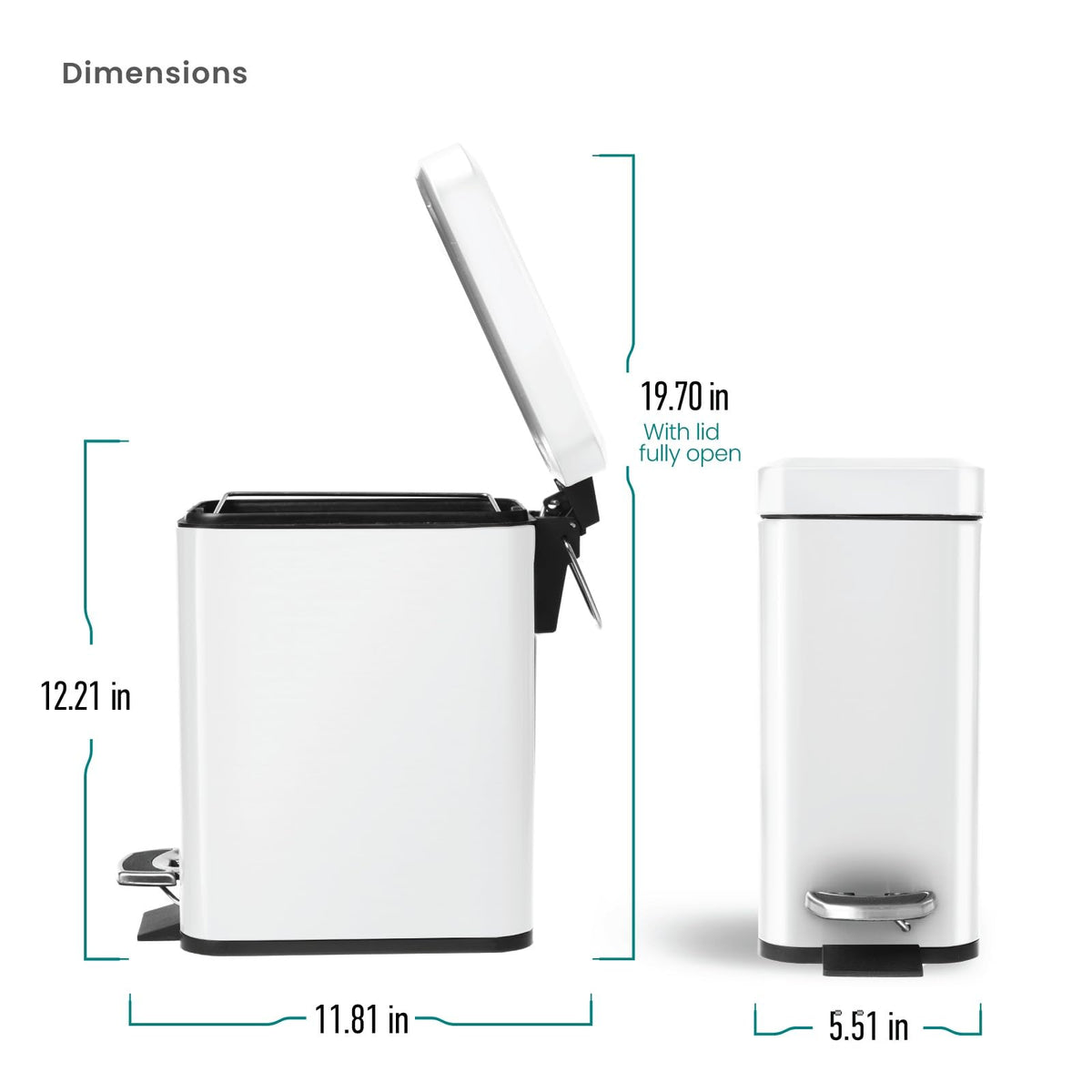 Home Zone Living - Juego de 2 cubos de basura pequeños de 1.3 galones, color blanco con tapa y pedal, papelera de acero inoxidable con diseño delgado para el hogar y la oficina, 5 litros