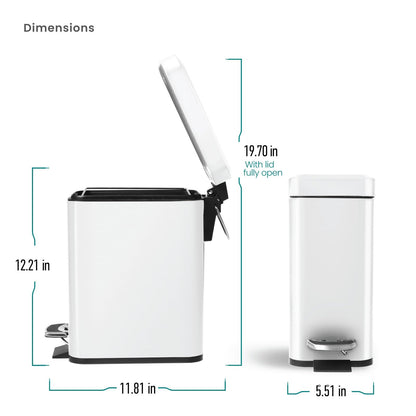 Home Zone Living - cubeta de basura pequeño de 1.3 galones con tapa y pedal, papelera de acero inoxidable con diseño delgado para el hogar y la oficina, blanco mate, 5 litros