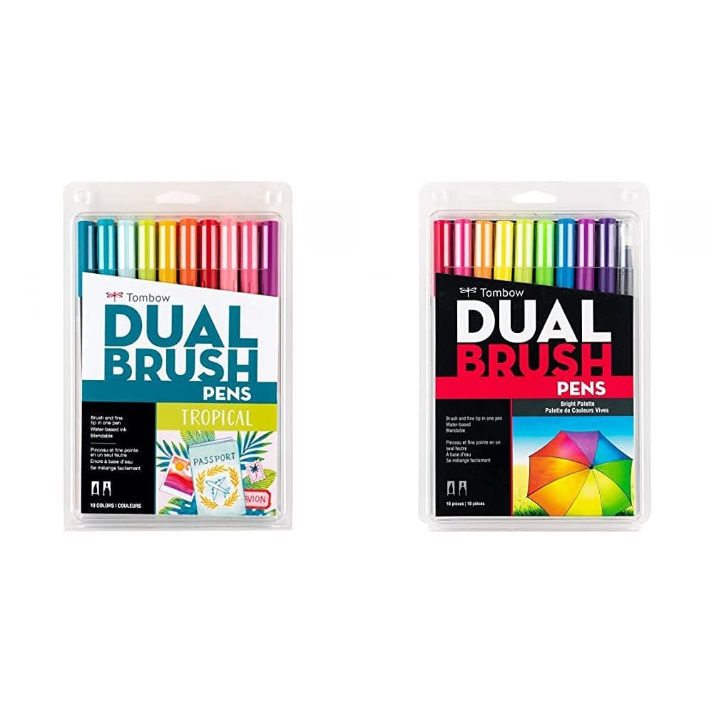 Tombow 56185 Marcadores artísticos de doble pincel, , paquete de 10. Mezclador, pincel y marcadores de punta fina, Tropical, 1, 1 + Dual Brush Pen Art Markers, Bright, 10-Pack