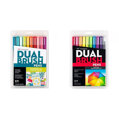 Tombow 56185 Marcadores artísticos de doble pincel, , paquete de 10. Mezclador, pincel y marcadores de punta fina, Tropical, 1, 1 + Dual Brush Pen Art Markers, Bright, 10-Pack