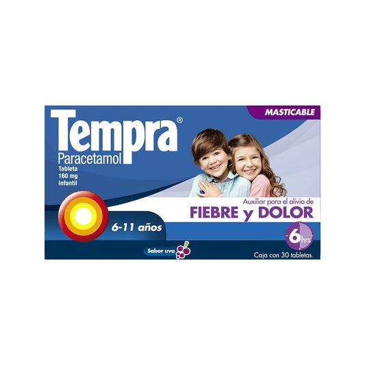 Tempra Tableta Masticable 160mg Fiebre y Dolor Sabor Uva Paracetamol caja con 30 tabletas