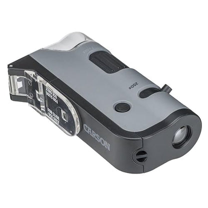 Carson Microflip 100X-250x - Microscopio de Bolsillo con Luz LED y UV, Base Deslizante Abatible y Clip de Digitalización para Smartphone (MP-250 o MP-250MU), Paquete Individual, Gris, una Talla