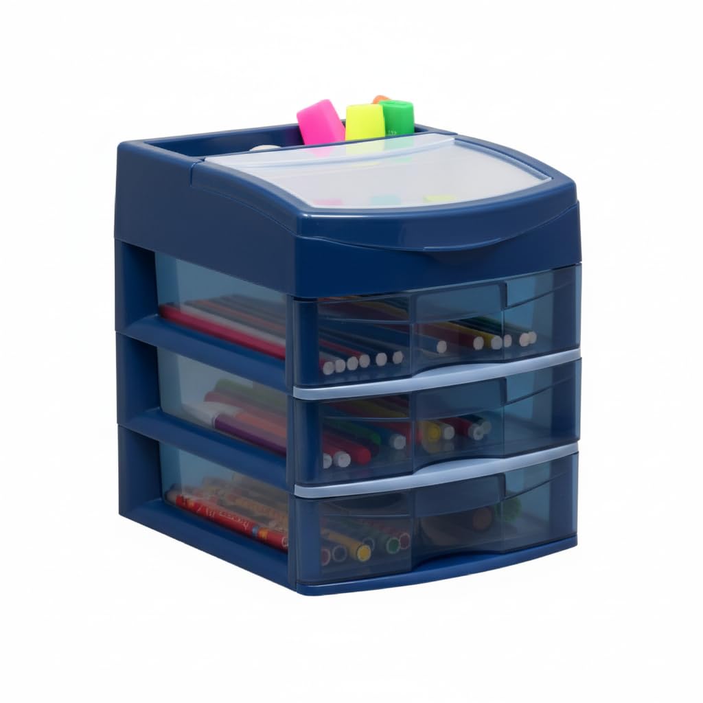 Italhome Cajonera de Plástico Sesia Azul, Mini Organizador de Escritorio Multiusos con 3 Cajones Transparentes