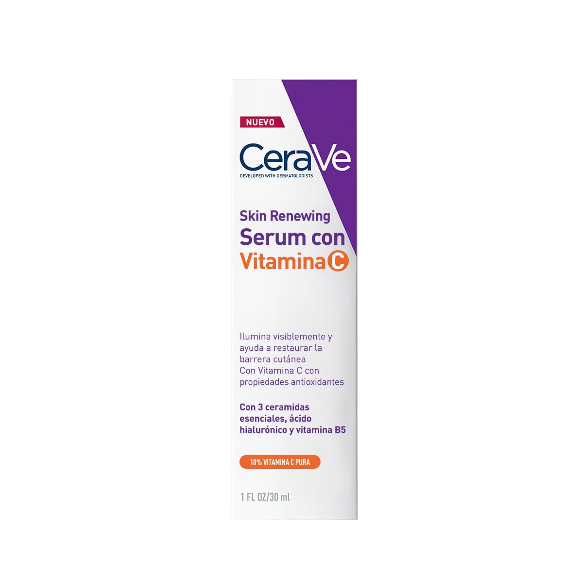 CeraVe Skin Renewing Vitamina C Sérum Facial, Todo Tipo de Piel, 30 ml | Con 3 Ceramidas Esenciales y Ácido Hialurónico, ilumina la piel, unifica el tono y reduce la apariencia de líneas finas