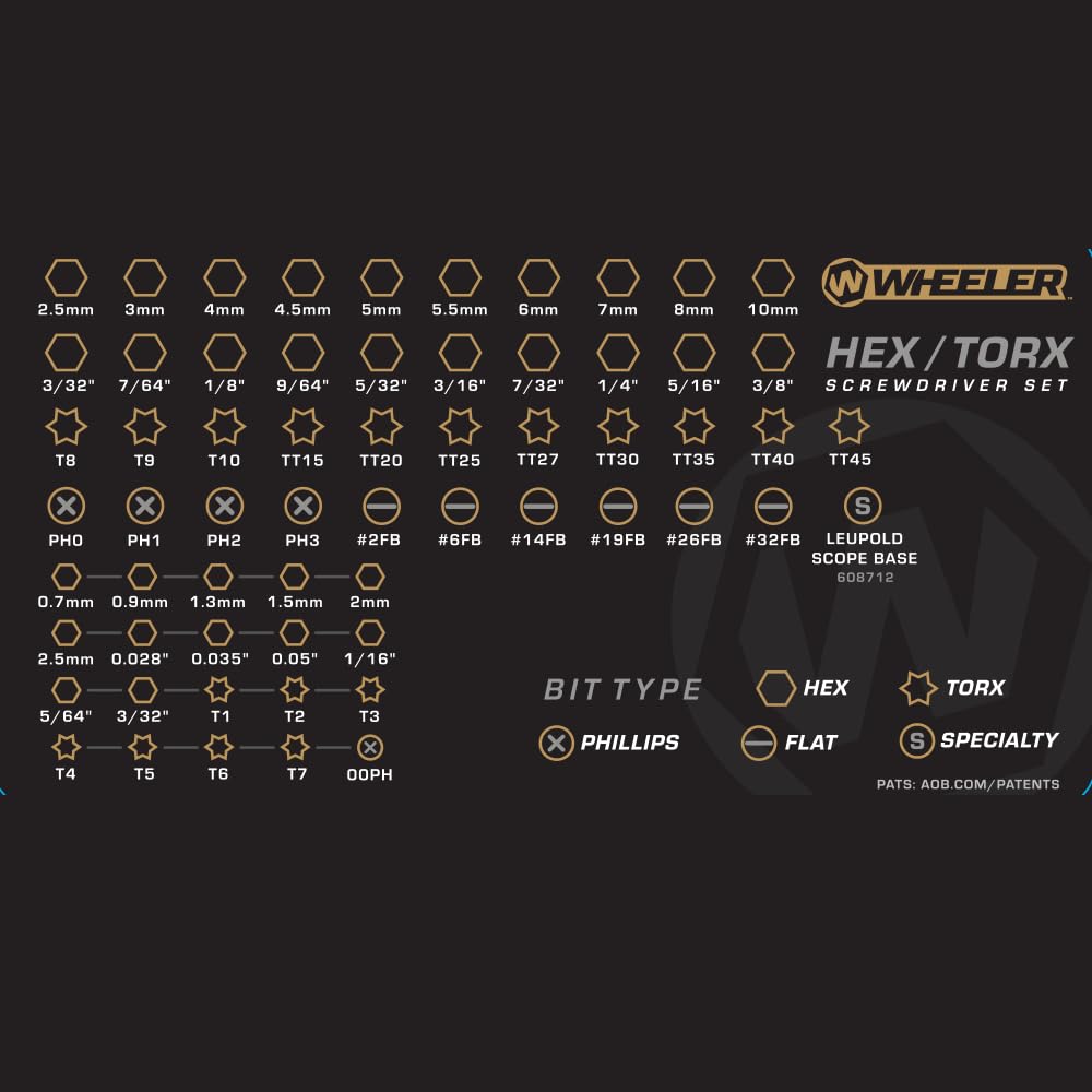 Wheeler SAE/Juego de destornilladores hexagonales y torx métricos con destornillador magnético, estuche de transporte, varios tipos de puntas para reconstrucción y mantenimiento de armería