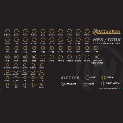 Wheeler SAE/Juego de destornilladores hexagonales y torx métricos con destornillador magnético, estuche de transporte, varios tipos de puntas para reconstrucción y mantenimiento de armería