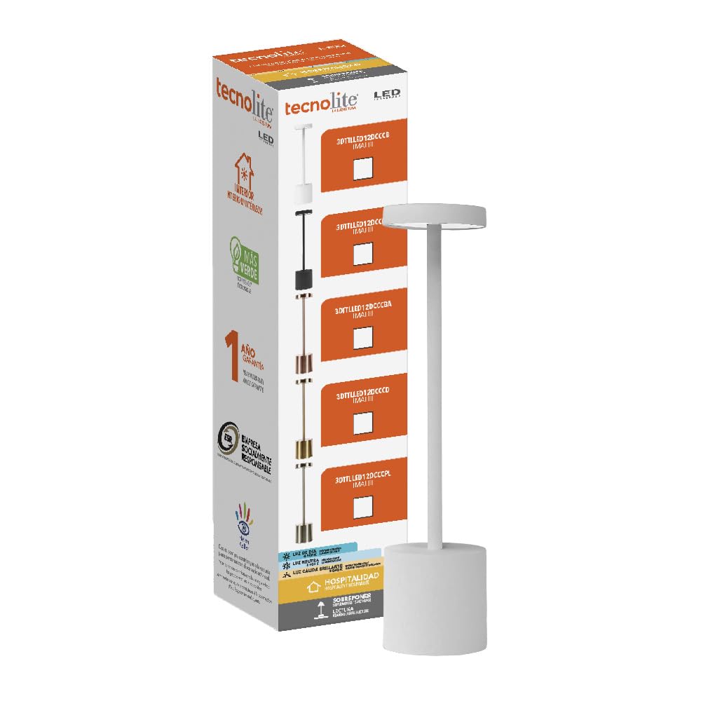 Tecnolite - Lámpara de Mesa LED 3 W Portátil, Recargable, Luz Blanca Ajustable y Atenuable Táctil, Lámpara Interior para Restaurante