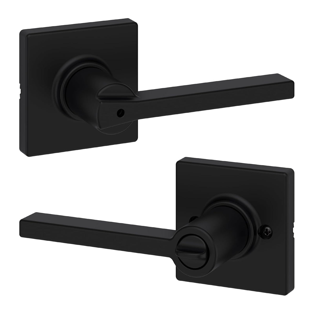 Kwikset Casey - Manija de puerta interior de privacidad con cerradura, palanca de puerta para baño y recámara, cerradura reversible sin llave, color negro mate, con protección Microban