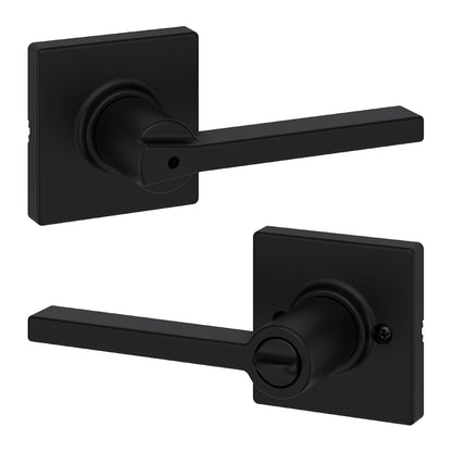 Kwikset Casey - Manija de puerta interior de privacidad con cerradura, palanca de puerta para baño y recámara, cerradura reversible sin llave, color negro mate, con protección Microban
