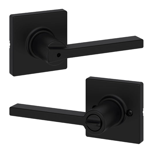 Kwikset Casey - Manija de puerta interior de privacidad con cerradura, palanca de puerta para baño y recámara, cerradura reversible sin llave, color negro mate, con protección Microban