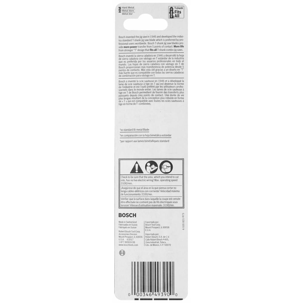 Bosch T367XHM3 5-7 TPI Carbide Edge T-Shank Jig Saw Blades for All-Purpose (3 Piece), 5-3/16"