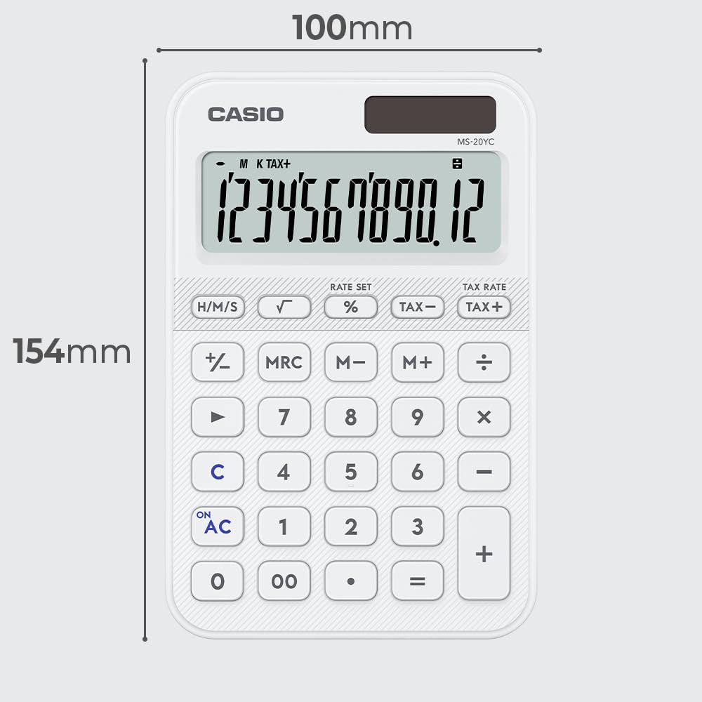 Casio Calculadora de Escritorio MS-20YC-WE, Color Blanco, 12 Dígitos