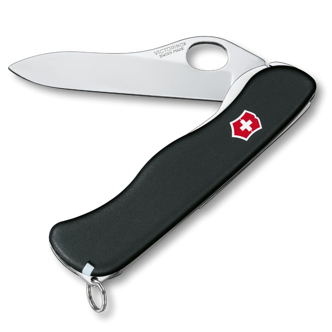 Victorinox Navaja Sentinel, Negra, 5 Usos | Cuchillo de bolsillo con apertura de una mano con clip de bolsillo, pinzas y palillo de dientes. Mango de poliamida de 111 mm