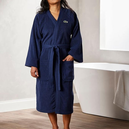 Lacoste Bata de baño clásica de piqué 100% algodón, 41.5 pulgadas de largo, iris negro