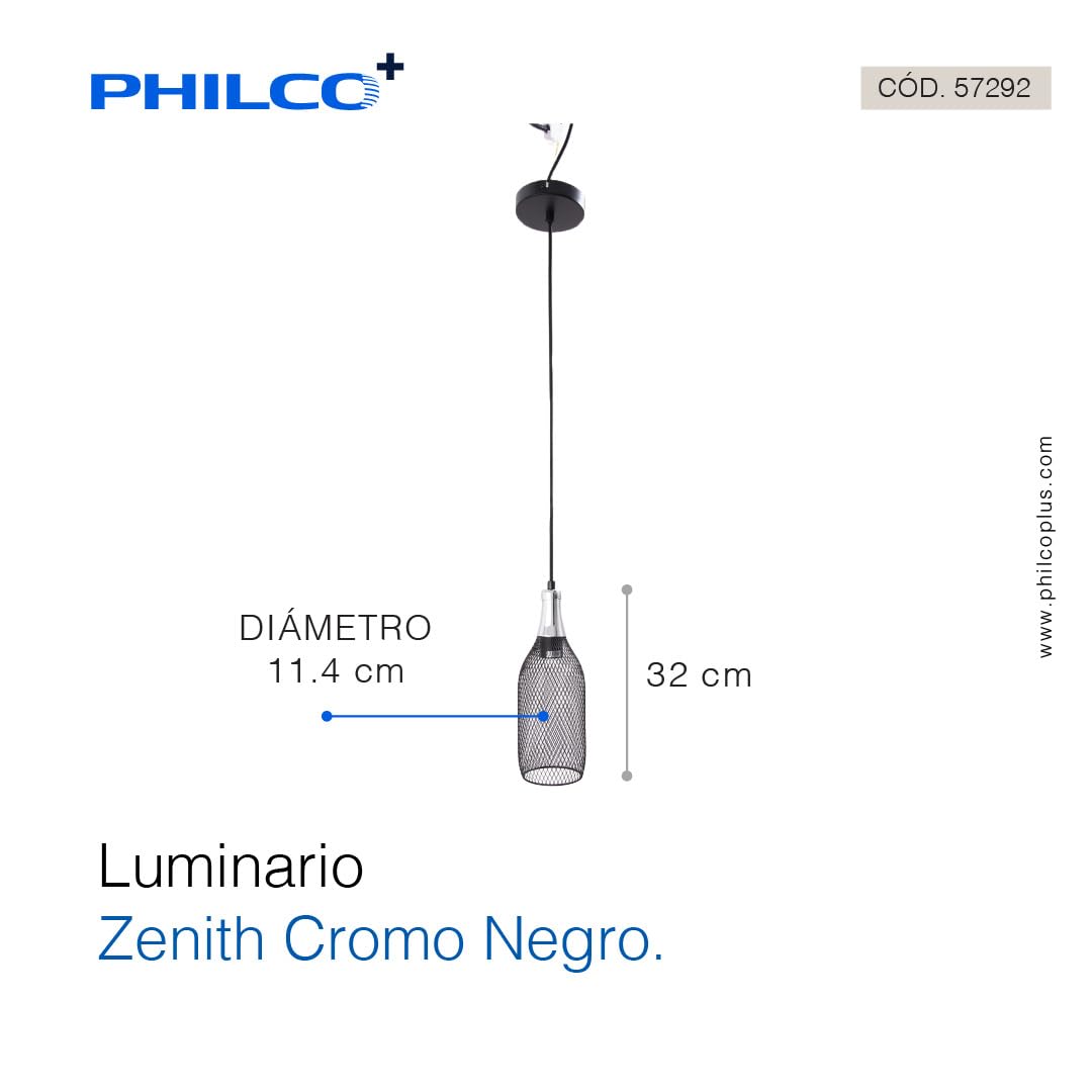 Philco Luminario Zenith Cromo Negro. Cuerpo de metal negro para suspender, base E26, acabado en cromo birllante, exclusivo para interiores. Cable de suspensión de 1 metro