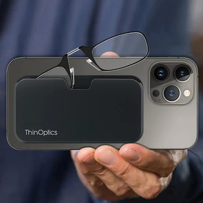 ThinOPTICS Reading Glasses on your Phone, Universal Pod Black Case , +1.50 Black Glasses