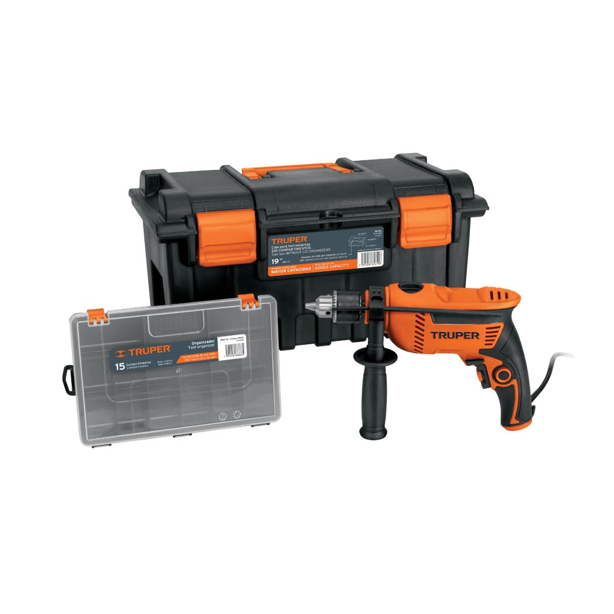 TRUPER COMBO-100, Rotomartillo/destornillador 1/2" 650W + caja de herramienta y organizador