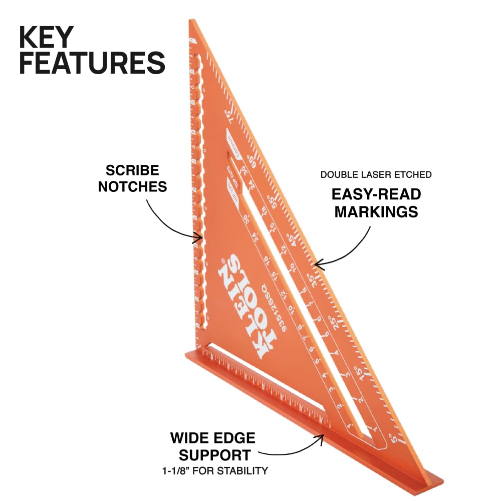 Klein Tools 93512SSQ Rafter Square, cuadrado de velocidad de 12 pulgadas, aluminio grabado con láser doble, multifuncional, herramienta de medición de carpintero, regla triangular para carpintería