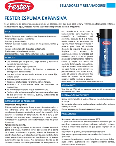 Fester Espuma de Poliuretano Expansiva en Aerosol de un Componente 750ml, Sellador y Rellenador de Grandes Huecos en Superficies Planas e Irregulares