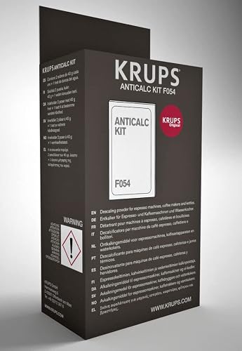 Krups Descalcificador en Polvo para Cafeteras F054001B | Elimina depósitos de cal, incluye 2 sobres y medidor de dureza de agua