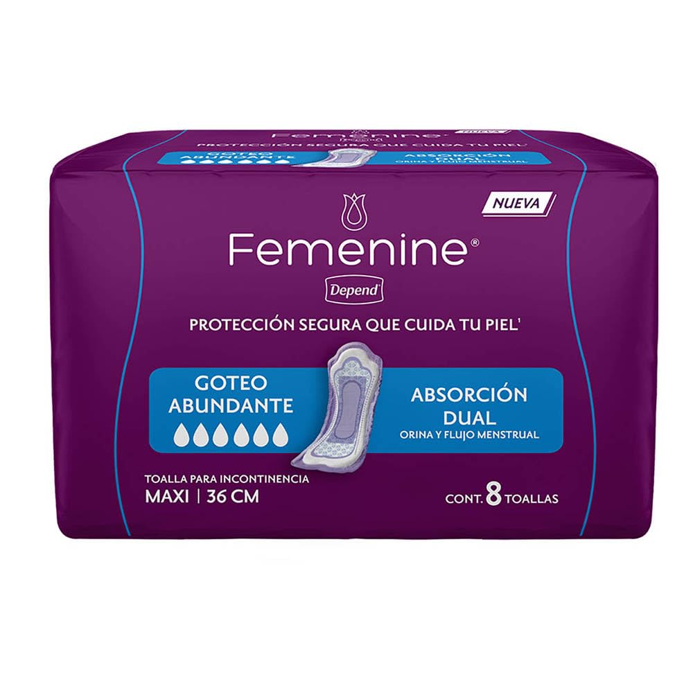 Depend Femenine Toalla Maxi para incontinencia, Caja con 18 Paquetes de 8 Piezas (144 Piezas). Ideal para goteo abundante. Absorción dual: absorbe orina y flujo menstrual. Con Tecnología Ultra Absorb®