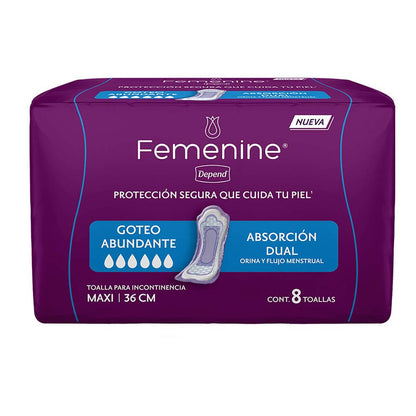 Depend Femenine Toalla Maxi para incontinencia, Caja con 18 Paquetes de 8 Piezas (144 Piezas). Ideal para goteo abundante. Absorción dual: absorbe orina y flujo menstrual. Con Tecnología Ultra Absorb®