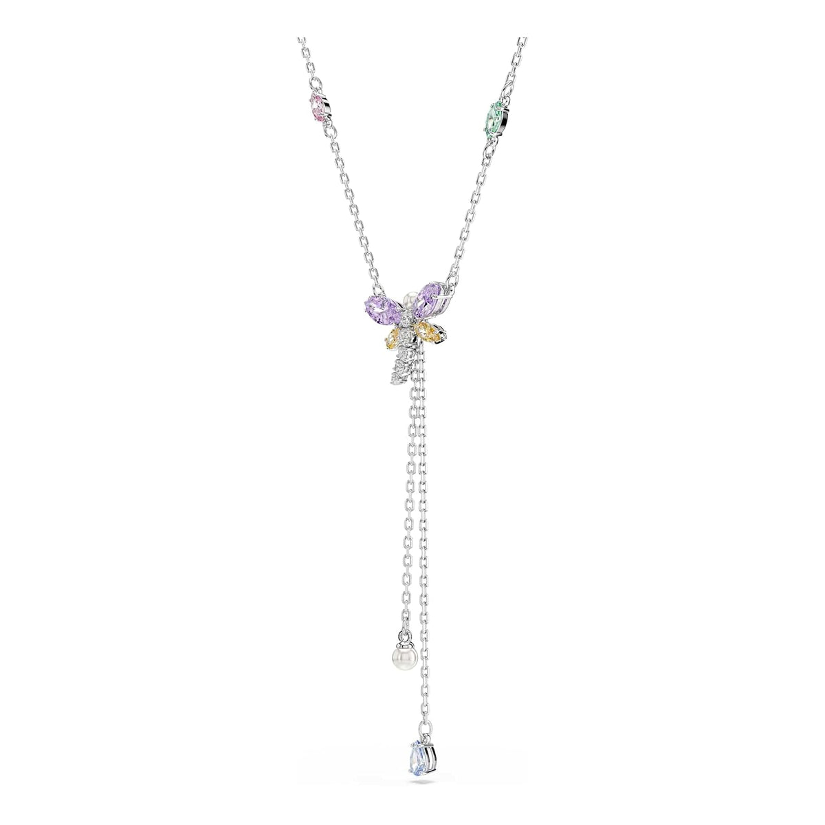 Swarovski x Ariana Grande Colección Oficial de Libélula Motif Jewelry Collection, Broche, Collar con colgante, arete, piedras multicolores de corte mixto, acabado rodio