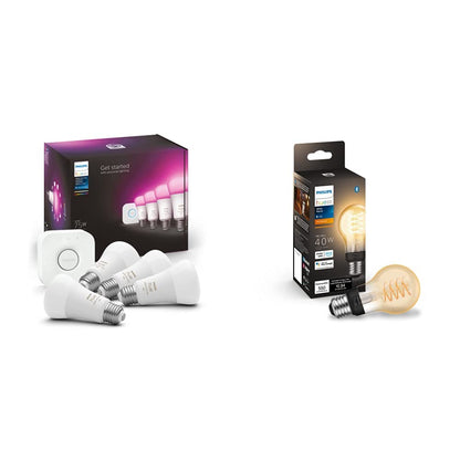 Focos Philips Hue Luz Multicolor 4 Focos A19 + Hue Bridge - Compatible con Alexa + Foco Filamento regulable tipo A19 decorativo Wifi - Compatible con Alexa