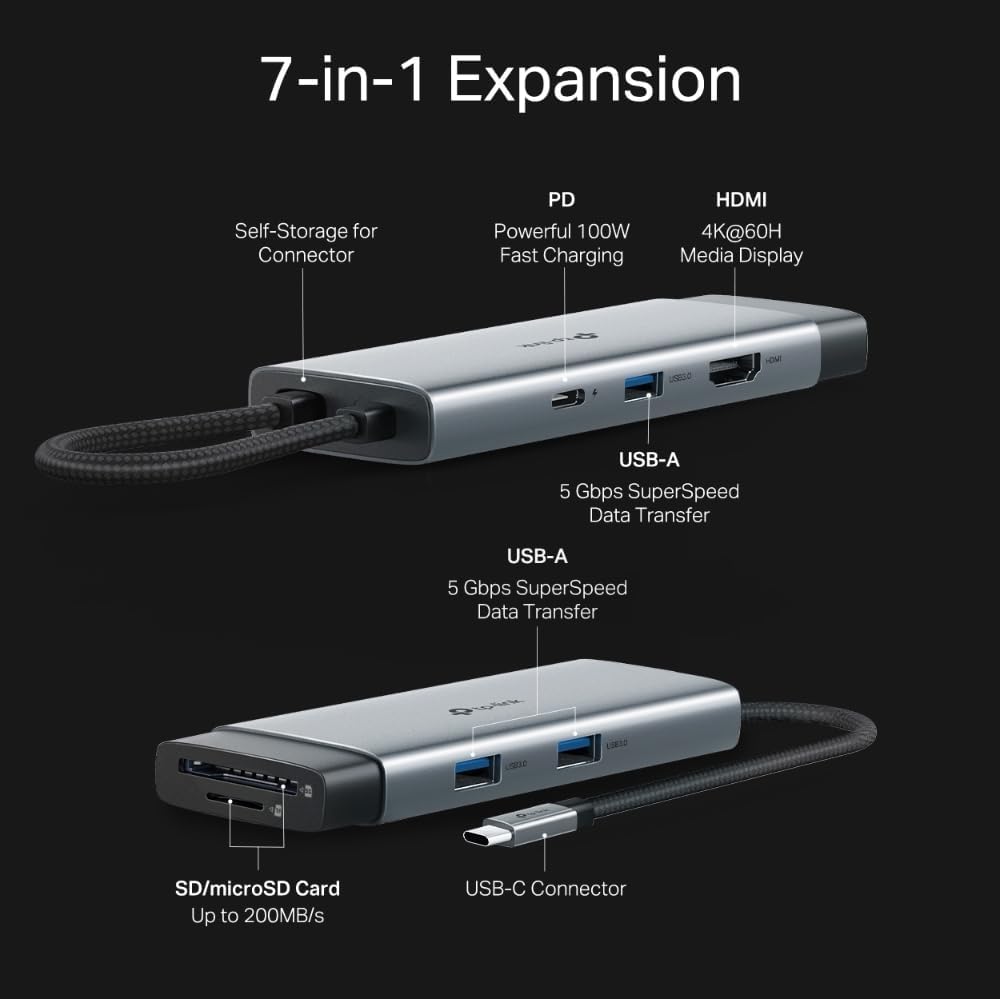 TP-Link UH7021C USB C Hub PD100W, 4K 60Hz HDMI, 1×USB C, 2×USB A, SD y microSD hasta 200MB/s, Plug and Play, Compatible con MacOS, Windows, Linux, iPad OS, iOS, Android