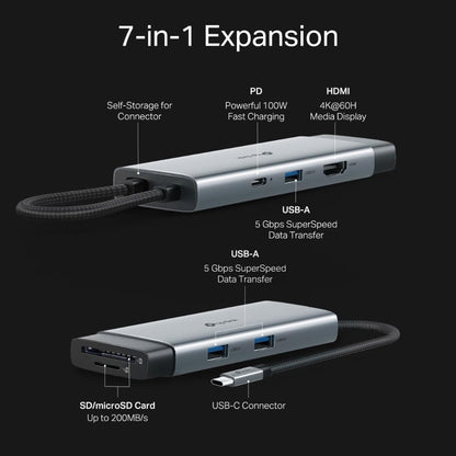 TP-Link UH7021C USB C Hub PD100W, 4K 60Hz HDMI, 1×USB C, 2×USB A, SD y microSD hasta 200MB/s, Plug and Play, Compatible con MacOS, Windows, Linux, iPad OS, iOS, Android