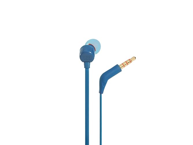 JBL Tune 110 - Auriculares intrauditivos de Sonido de Graves Puro, Control Remoto de 1 botón, micrófono y Cable Plano sin enredos (Azul)